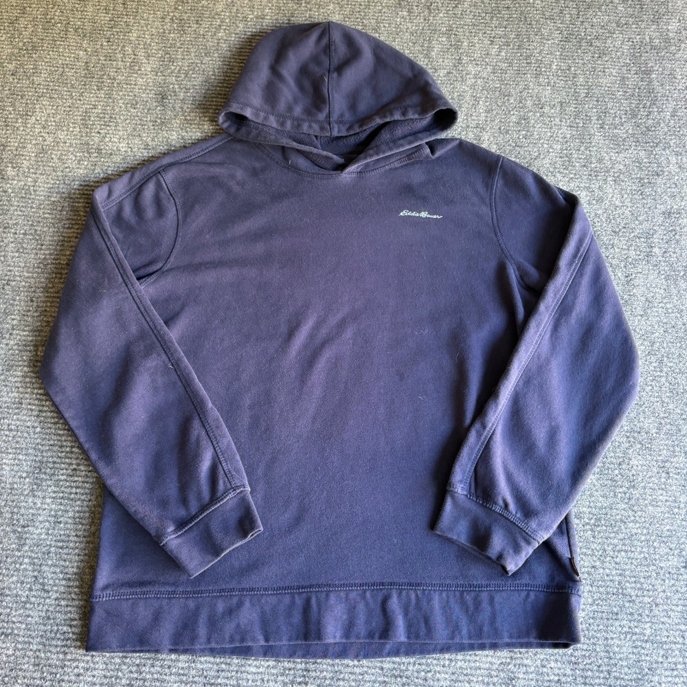 Eddie Bauer Mens Large Navy Blue Pullover Hoodie Logo Sweatshirt Regular Fit
